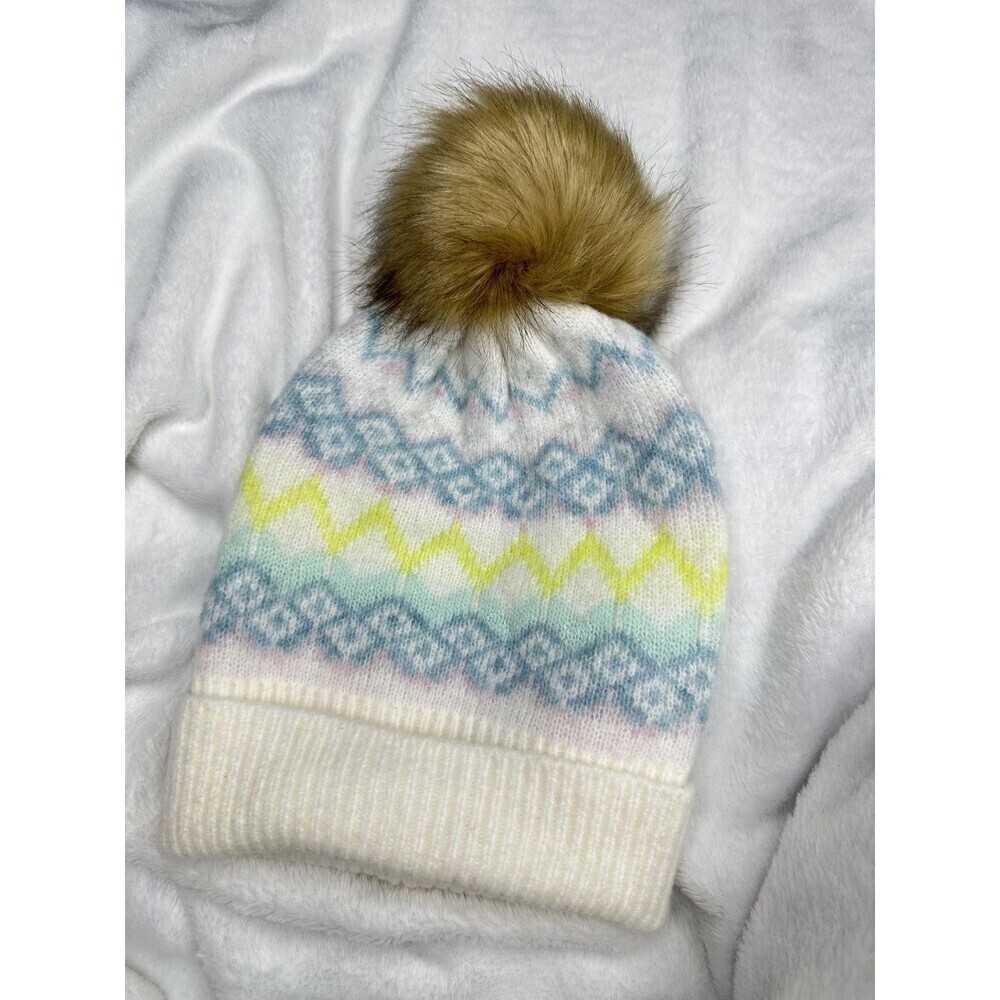 LOFT Hat Beanie Womens One Size White Fair Isle Faux Fur Pom Knit Winter